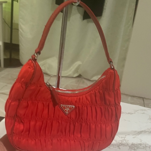 Prada Red Ruched Nylon Shoulder Bag - Picture 11 of 11
